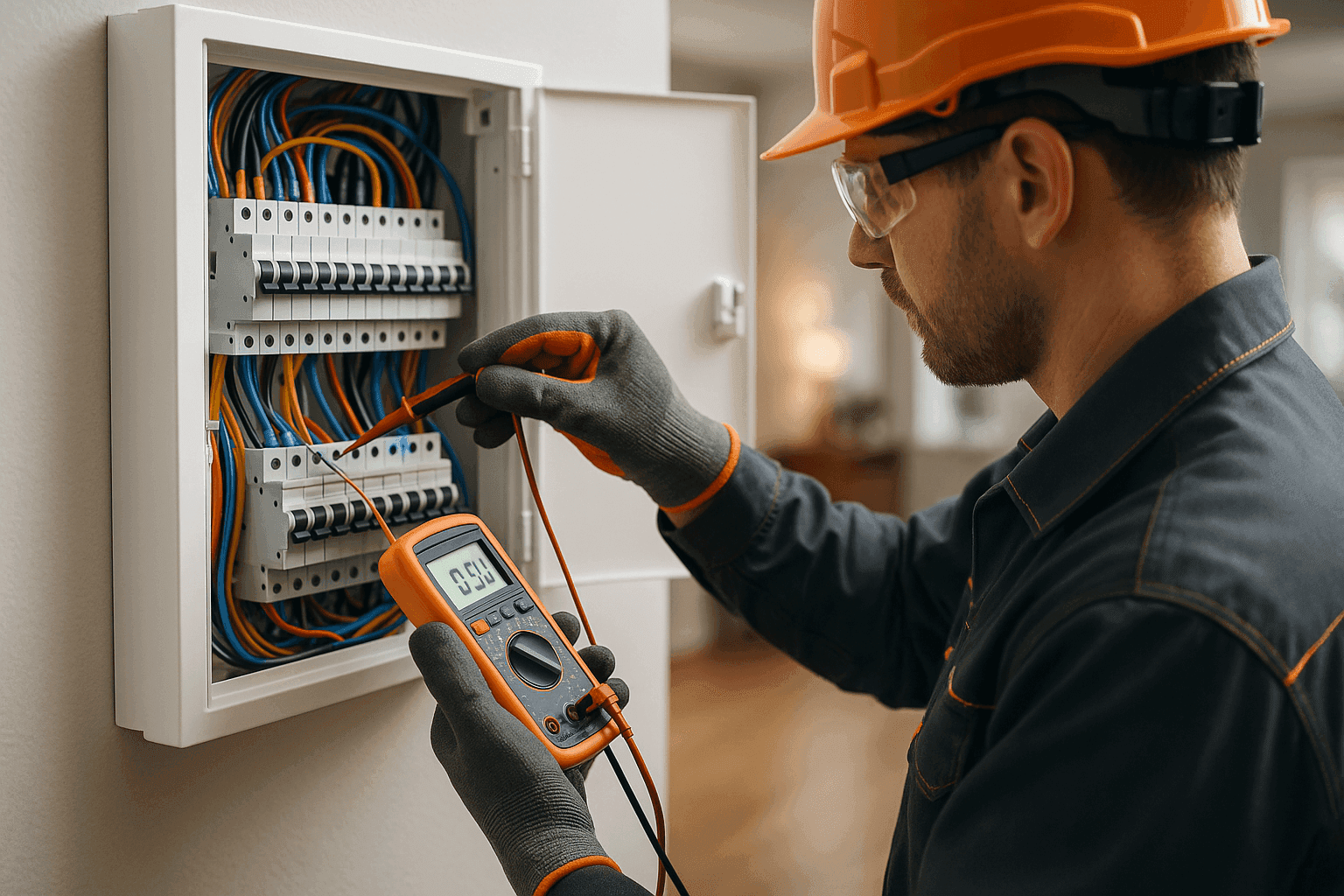 Electrician wearing PPE working on residential electrical panel with orange-accented tools