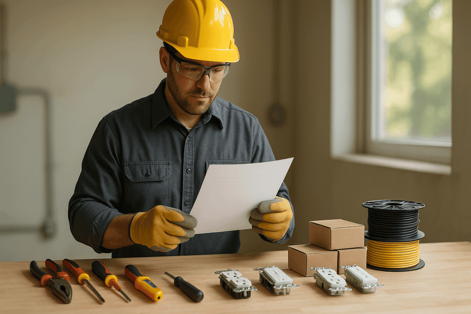 Electrician holding estimate paperwork beside electrical tools and materials