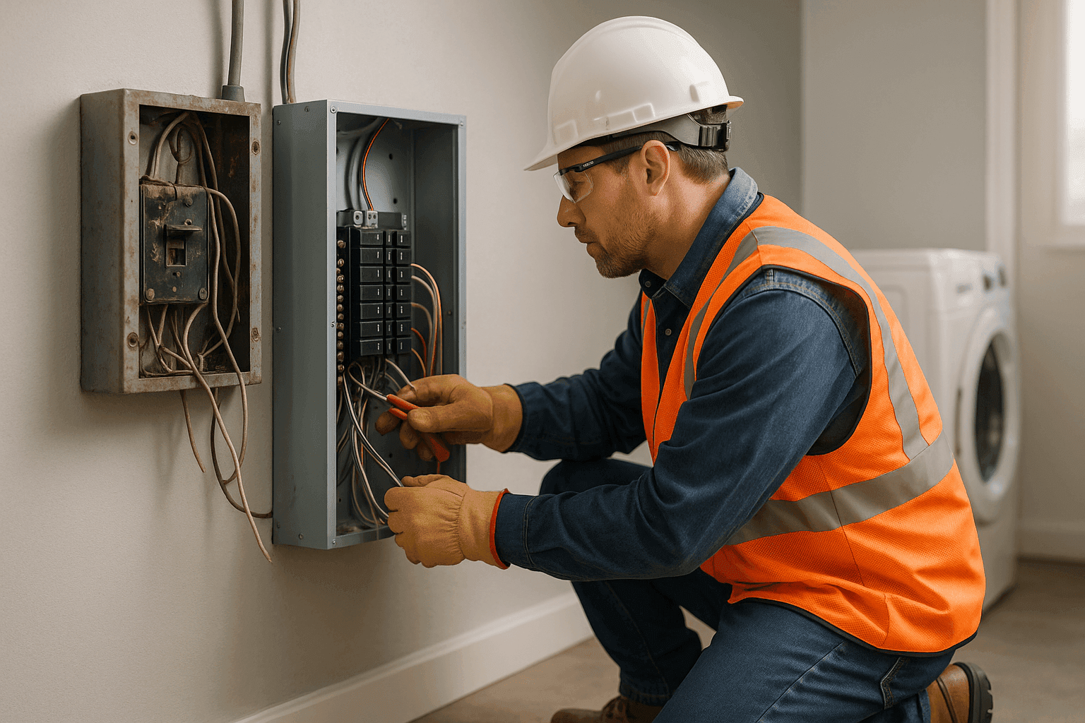 Electrician replacing an outdated electrical panel with new breakers