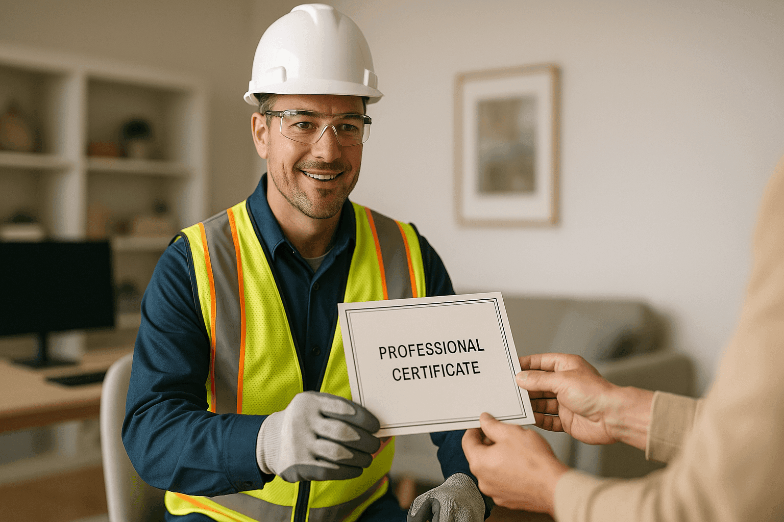Electrician showing credentials and discussing project with a homeowner