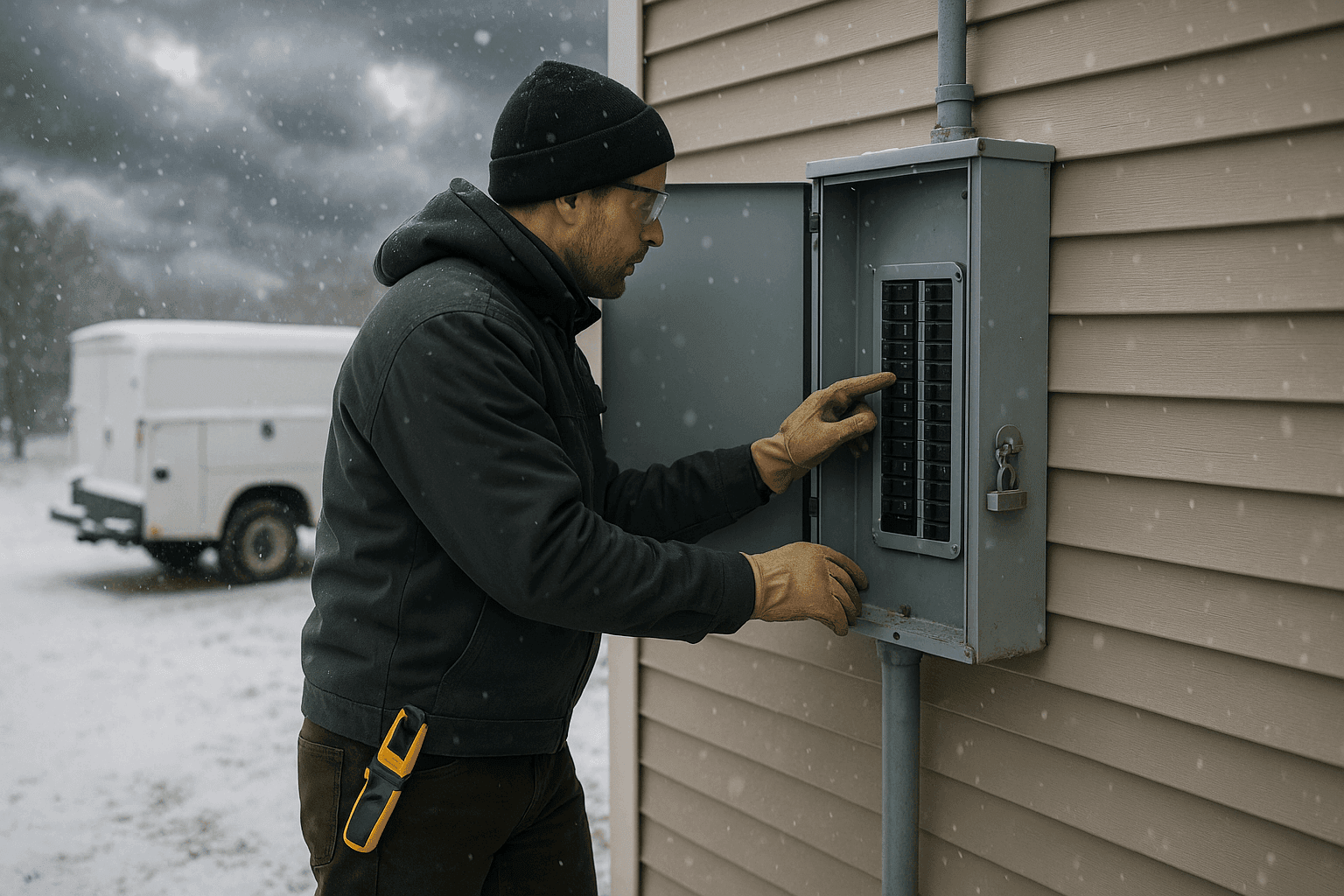 Homeowner checking electrical panel outdoors in winter storm conditions